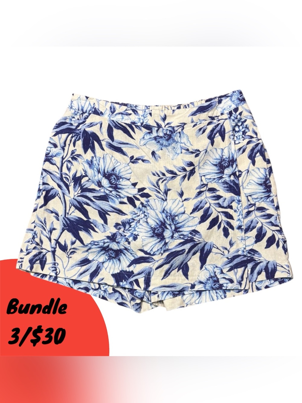 Ellen Tracy Blue Floral Skort Shorts Linen Blend Elastic Waistband Cute Comfy